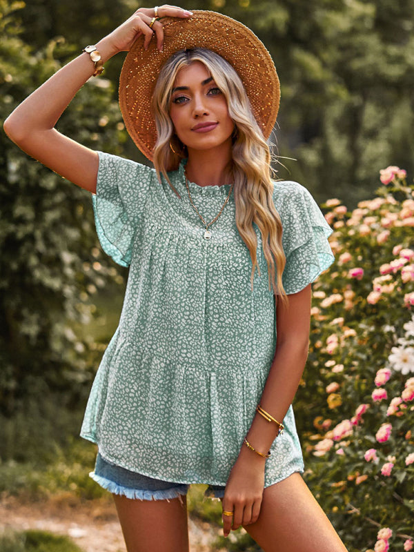 Romantic Feifei Sleeve Round Neck T-Shirt – Lightweight Woven Short Sleeve Top Green