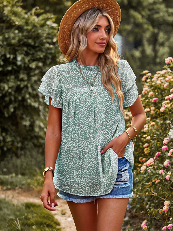 Romantic Feifei Sleeve Round Neck T-Shirt – Lightweight Woven Short Sleeve Top