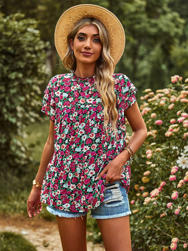 Romantic Feifei Sleeve Round Neck T-Shirt – Lightweight Woven Short Sleeve Top