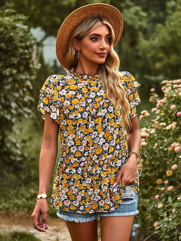 Romantic Feifei Sleeve Round Neck T-Shirt – Lightweight Woven Short Sleeve Top
