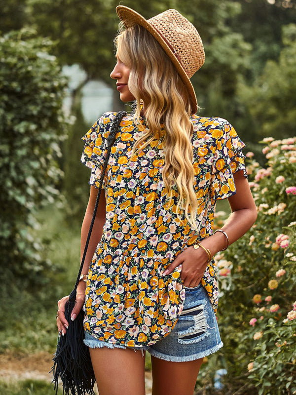 Romantic Feifei Sleeve Round Neck T-Shirt – Lightweight Woven Short Sleeve Top