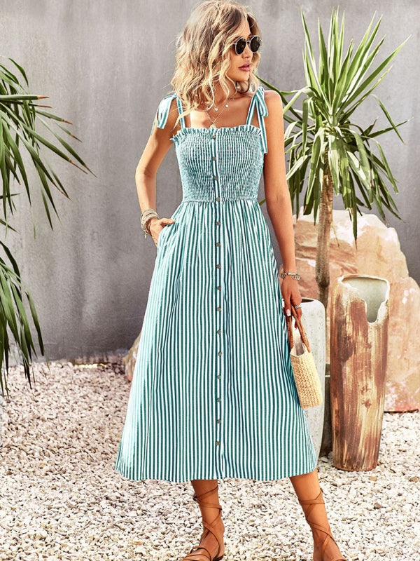 Striped Elegant Suspender Dress – Romantic Spring-Summer Midi