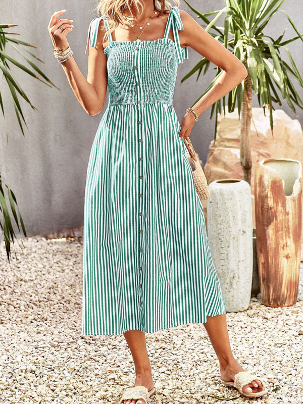 Striped Elegant Suspender Dress – Romantic Spring-Summer Midi