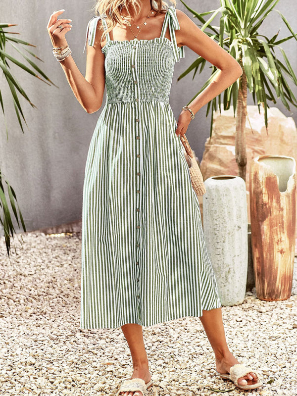 Striped Elegant Suspender Dress – Romantic Spring-Summer Midi