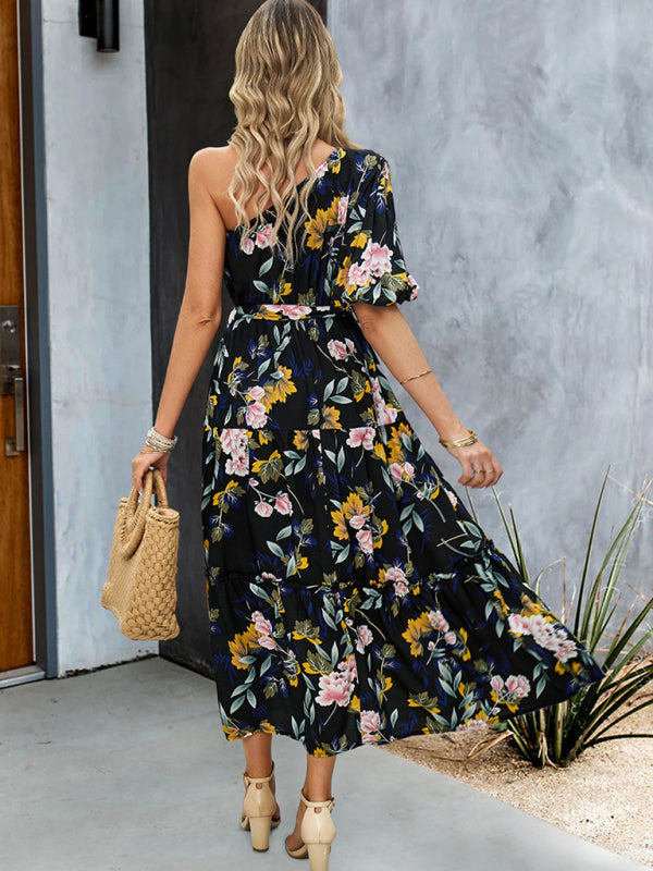 Elegant One-Shoulder Maxi Dress – Printed Viscose, Spring-Summer Style