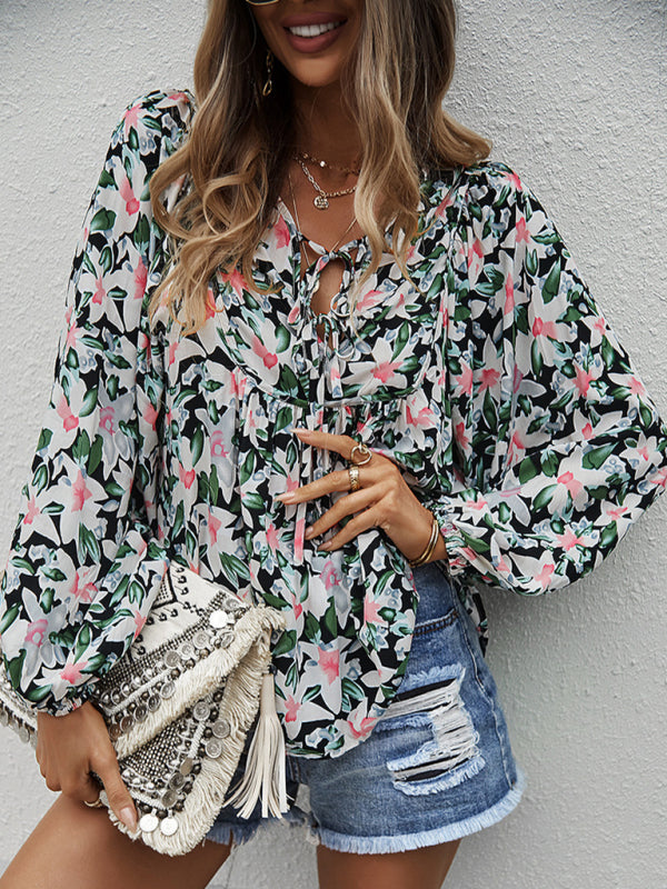 Floral Tie-Front Long Sleeve Blouse