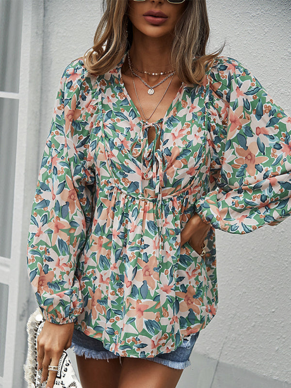Floral Tie-Front Long Sleeve Blouse