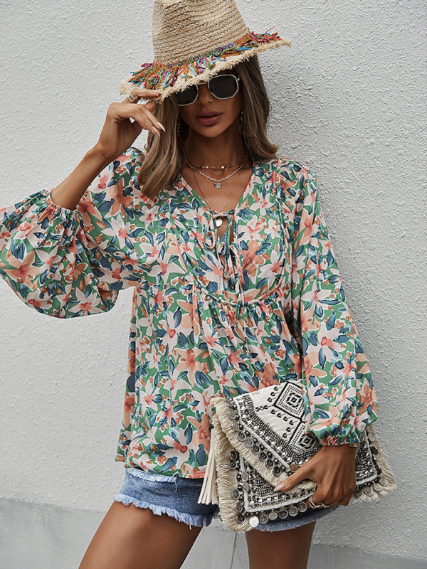 Floral Tie-Front Long Sleeve Blouse