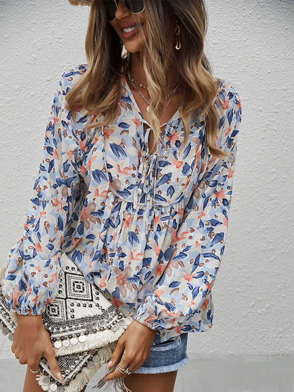Floral Tie-Front Long Sleeve Blouse