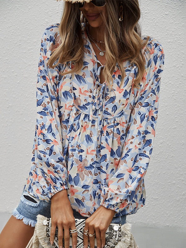 Floral Tie-Front Long Sleeve Blouse