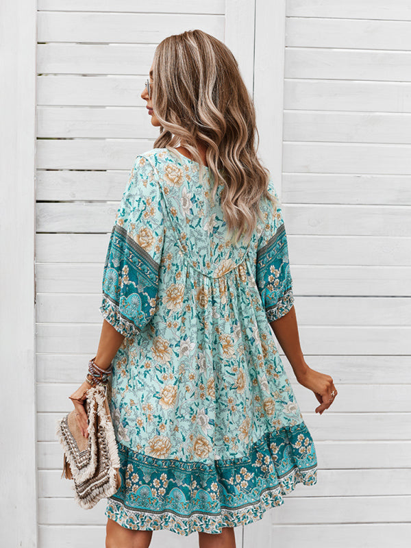 Boho V-Neck Floral Loose Skirt Dress – Lightweight Rayon, Spring-Summer Style