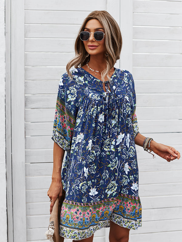 Boho V-Neck Floral Loose Skirt Dress – Lightweight Rayon, Spring-Summer Style
