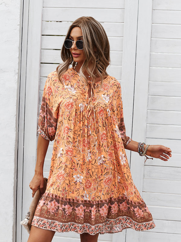 Boho V-Neck Floral Loose Skirt Dress – Lightweight Rayon, Spring-Summer Style