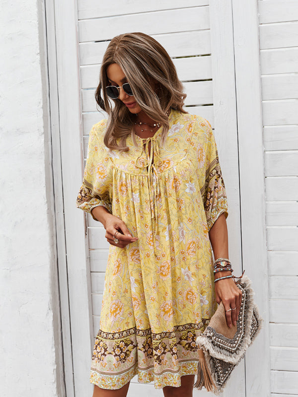Boho V-Neck Floral Loose Skirt Dress – Lightweight Rayon, Spring-Summer Style