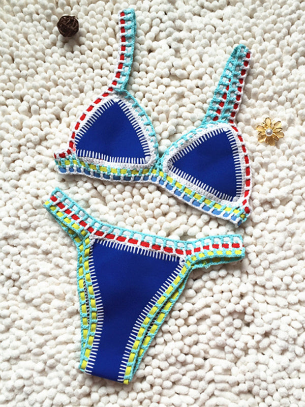 Handwoven Black & Gold One-Piece Swimsuit – Colorful Knit Design