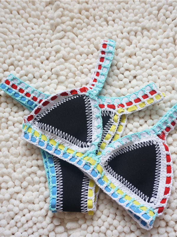 Handwoven Black & Gold One-Piece Swimsuit – Colorful Knit Design