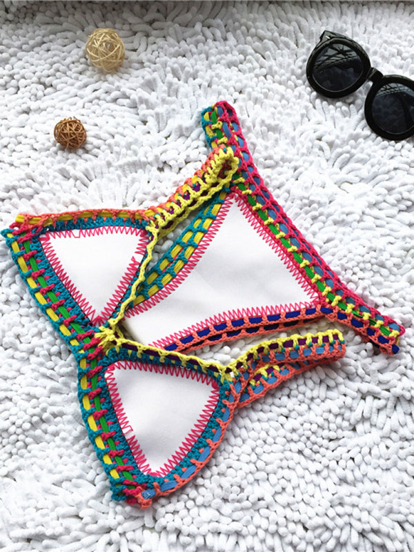 Handwoven Black & Gold One-Piece Swimsuit – Colorful Knit Design