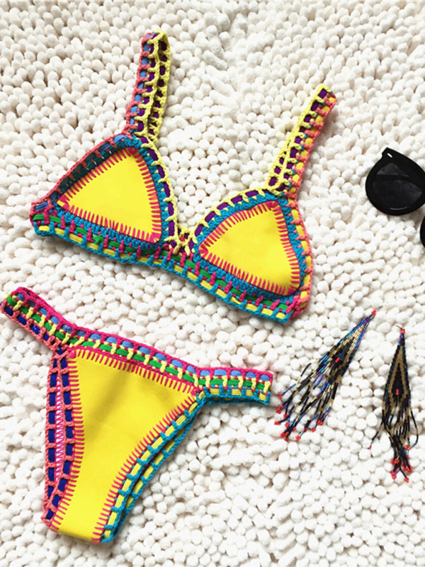 Handwoven Black & Gold One-Piece Swimsuit – Colorful Knit Design