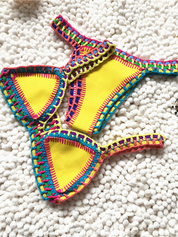 Handwoven Black & Gold One-Piece Swimsuit – Colorful Knit Design