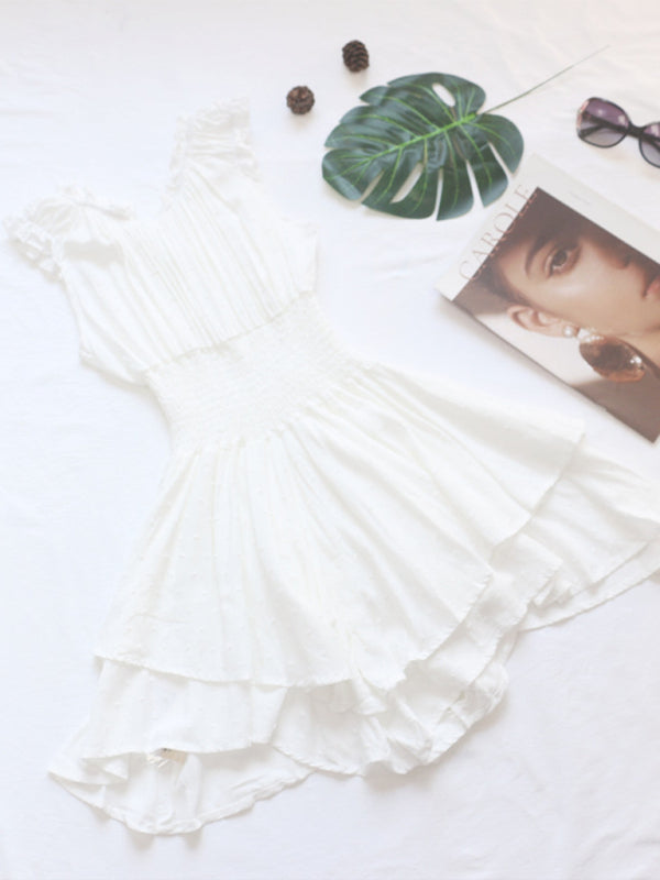 Romantic Pleated Sleeve Cake Skirt Dress – Fitted Waist & Irregular Hem