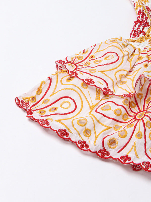 Floral Tube Top Ruffle Dress – Embroidered, Waist-Slimming, Sleeveless Skirt