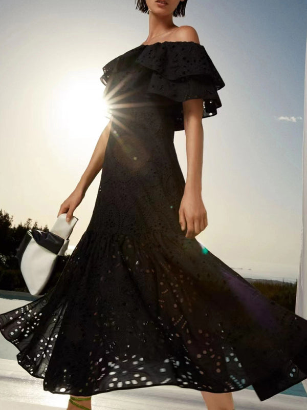 One-Shoulder Ruffle Embroidered Floral Maxi Dress with Front Slit