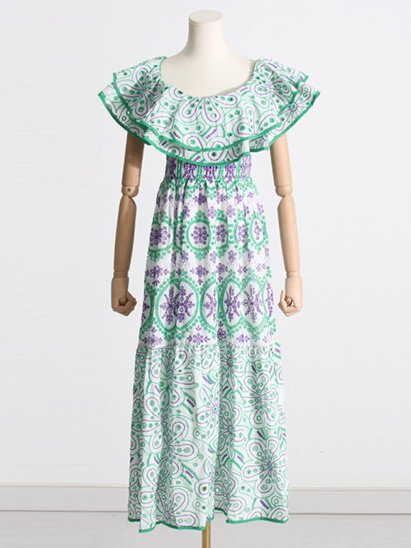 One-Shoulder Ruffle Embroidered Floral Maxi Dress with Front Slit