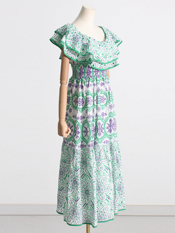 One-Shoulder Ruffle Embroidered Floral Maxi Dress with Front Slit