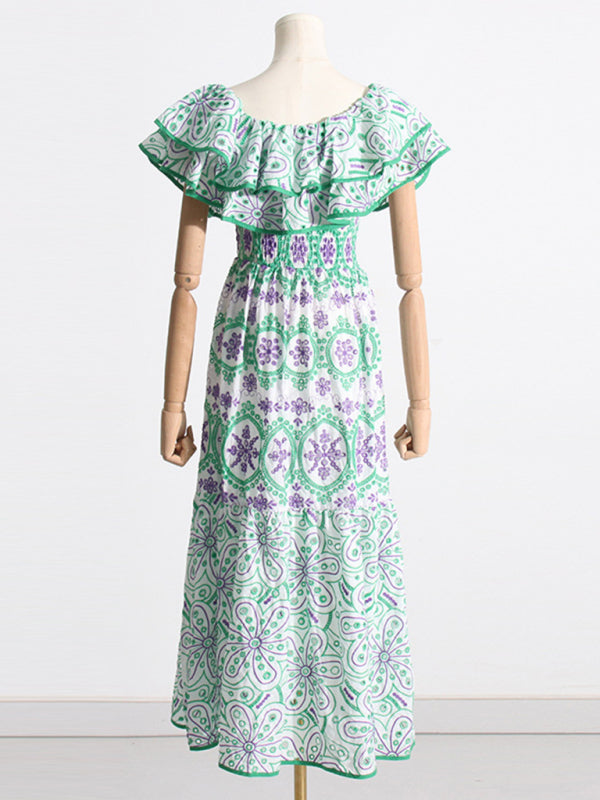 One-Shoulder Ruffle Embroidered Floral Maxi Dress with Front Slit