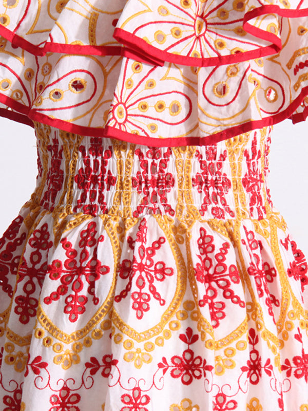 One-Shoulder Ruffle Embroidered Floral Maxi Dress with Front Slit