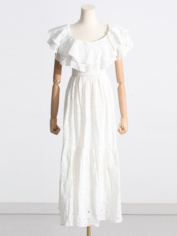 One-Shoulder Ruffle Embroidered Floral Maxi Dress with Front Slit