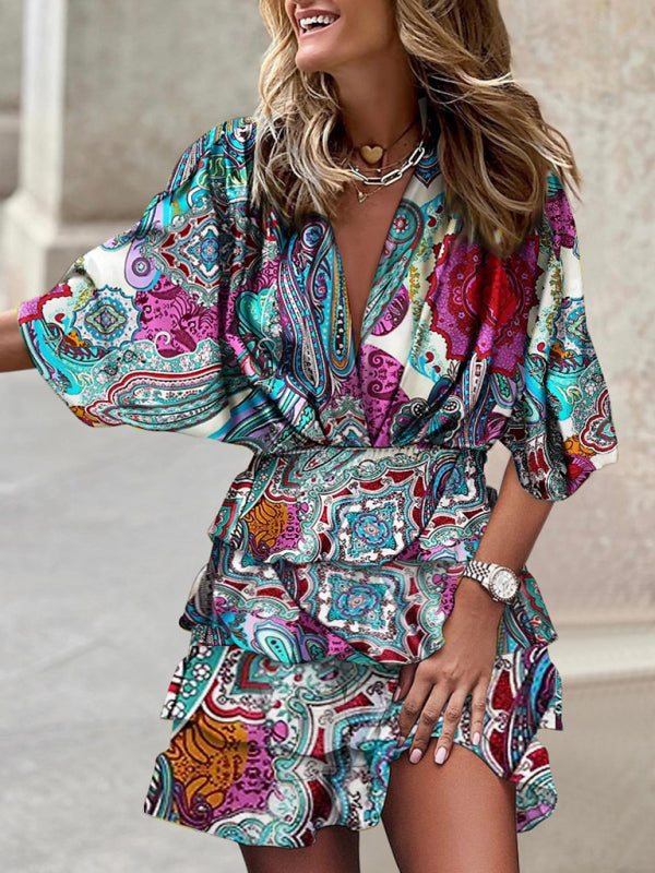 Dolman Sleeve V-Neck Boho Dress – Sleeveless Printed Style with Irregular Hem