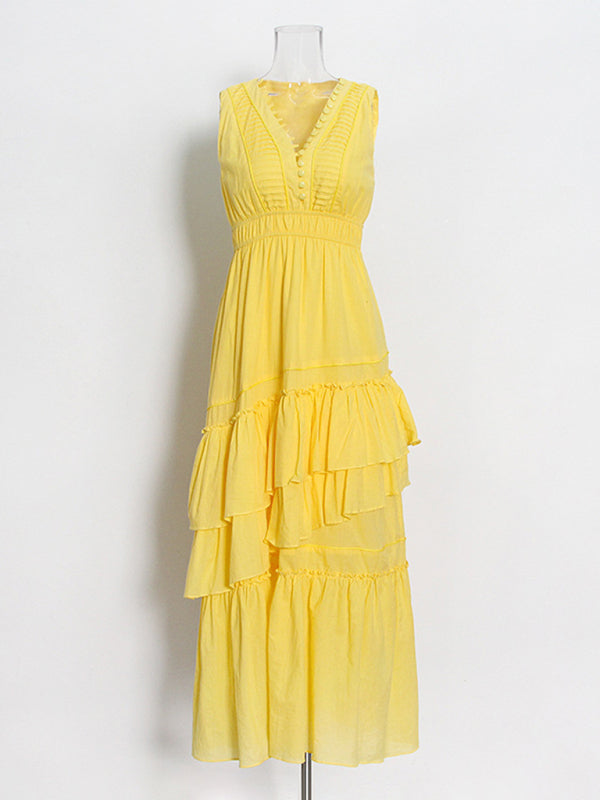 Pleated Mille-Layer Suspender Dress – Bohemian Sleeveless Holiday Look