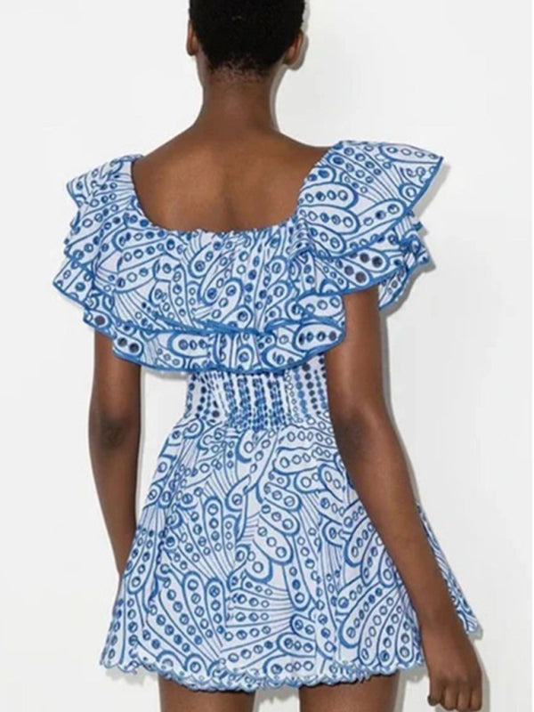 One-Shoulder Ruffle Embroidered Dress – Floral Cutout Waist, Holiday Style