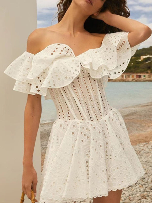 One-Shoulder Ruffle Embroidered Dress – Floral Cutout Waist, Holiday Style