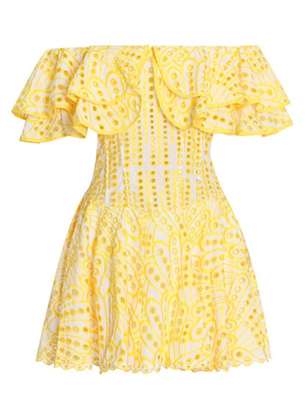 One-Shoulder Ruffle Embroidered Dress – Floral Cutout Waist, Holiday Style