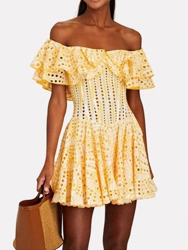 One-Shoulder Ruffle Embroidered Dress – Floral Cutout Waist, Holiday Style