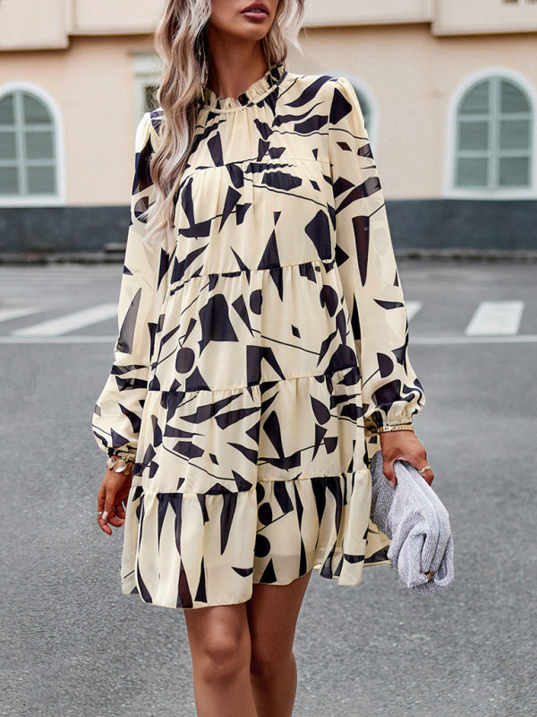 Elegant Floral Long-Sleeved Mini Dress – Woven Polyester, 4 Seasons Style