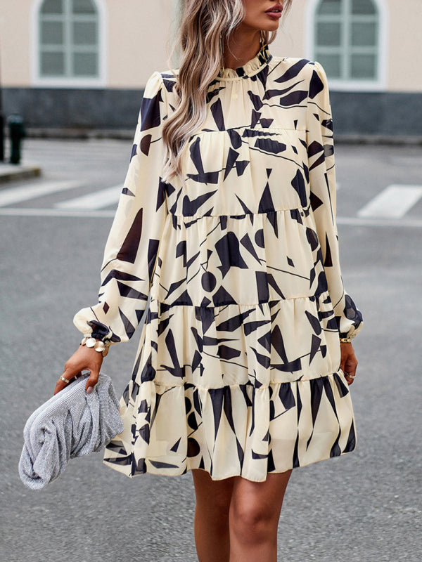 Elegant Floral Long-Sleeved Mini Dress – Woven Polyester, 4 Seasons Style