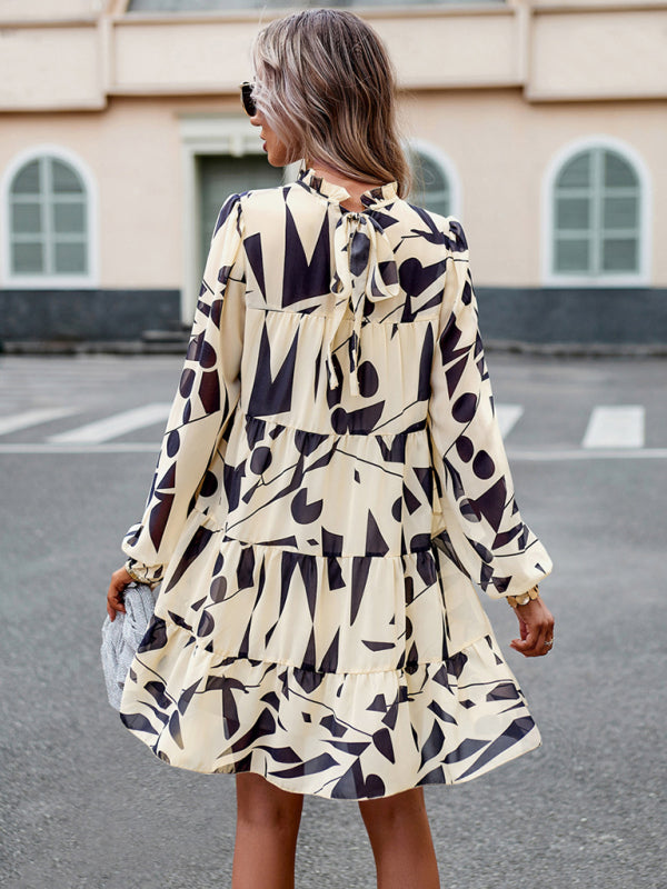 Elegant Floral Long-Sleeved Mini Dress – Woven Polyester, 4 Seasons Style