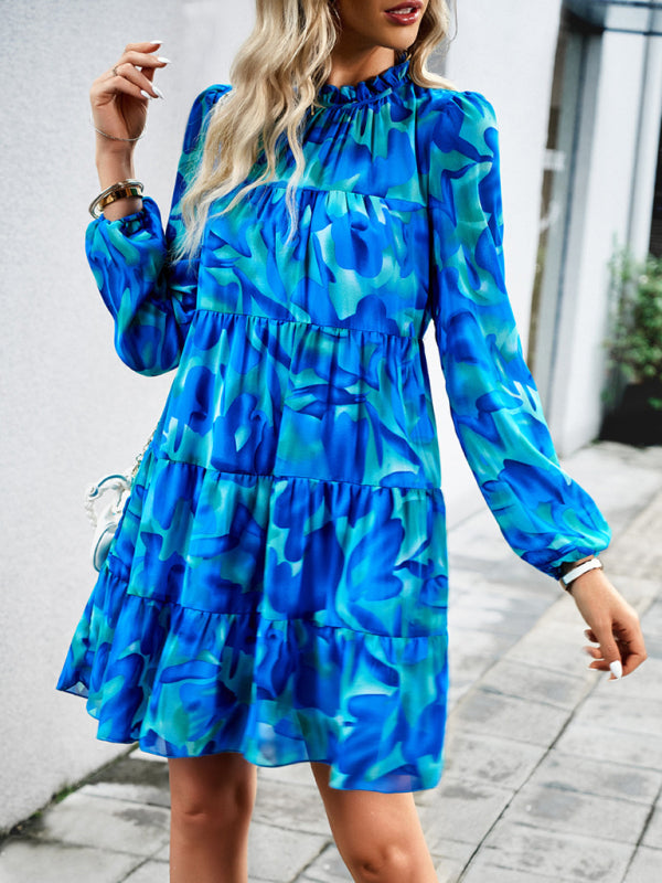 Elegant Floral Long-Sleeved Mini Dress – Woven Polyester, 4 Seasons Style