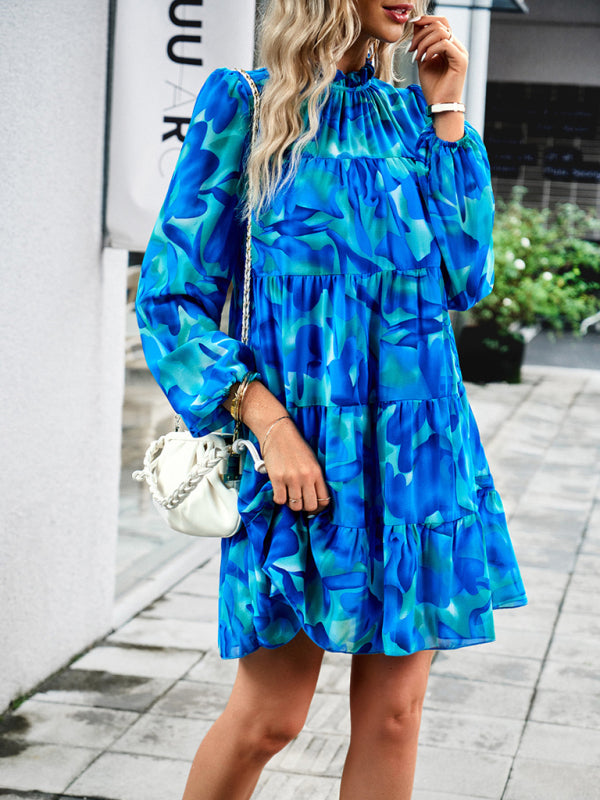 Elegant Floral Long-Sleeved Mini Dress – Woven Polyester, 4 Seasons Style