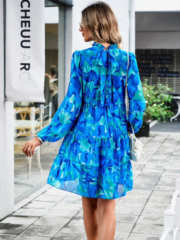 Elegant Floral Long-Sleeved Mini Dress – Woven Polyester, 4 Seasons Style