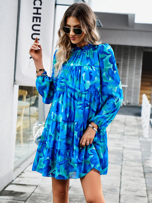 Elegant Floral Long-Sleeved Mini Dress – Woven Polyester, 4 Seasons Style