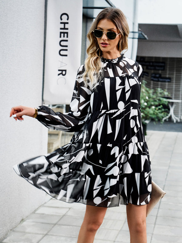 Elegant Floral Long-Sleeved Mini Dress – Woven Polyester, 4 Seasons Style