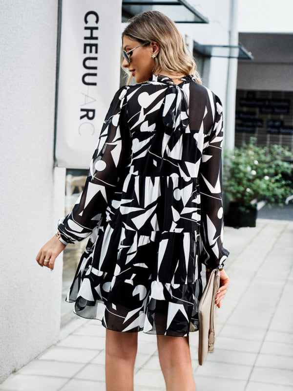 Elegant Floral Long-Sleeved Mini Dress – Woven Polyester, 4 Seasons Style