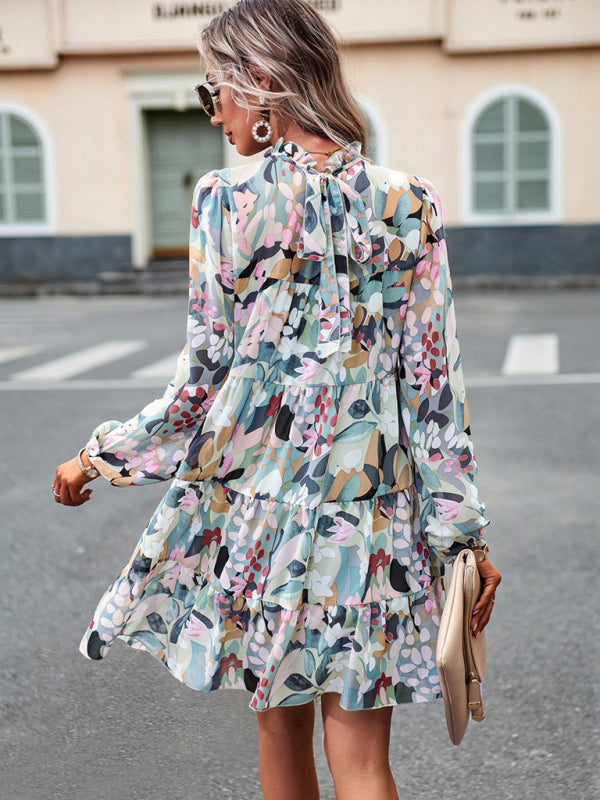 Elegant Floral Long-Sleeved Mini Dress – Woven Polyester, 4 Seasons Style