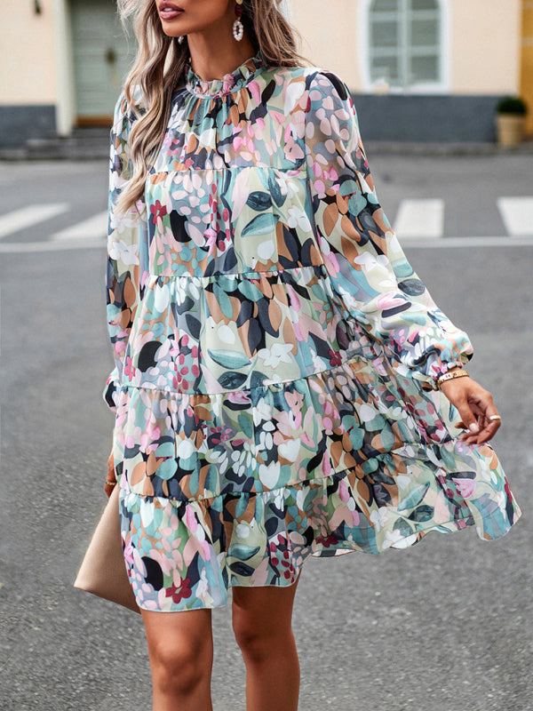 Elegant Floral Long-Sleeved Mini Dress – Woven Polyester, 4 Seasons Style