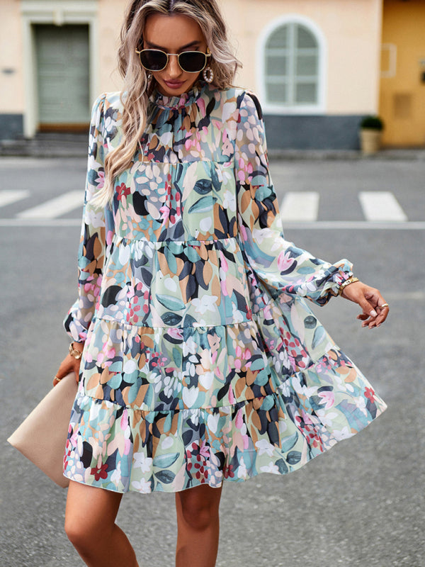 Elegant Floral Long-Sleeved Mini Dress – Woven Polyester, 4 Seasons Style
