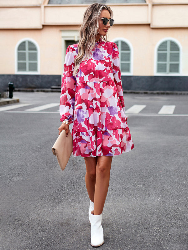 Elegant Floral Long-Sleeved Mini Dress – Woven Polyester, 4 Seasons Style